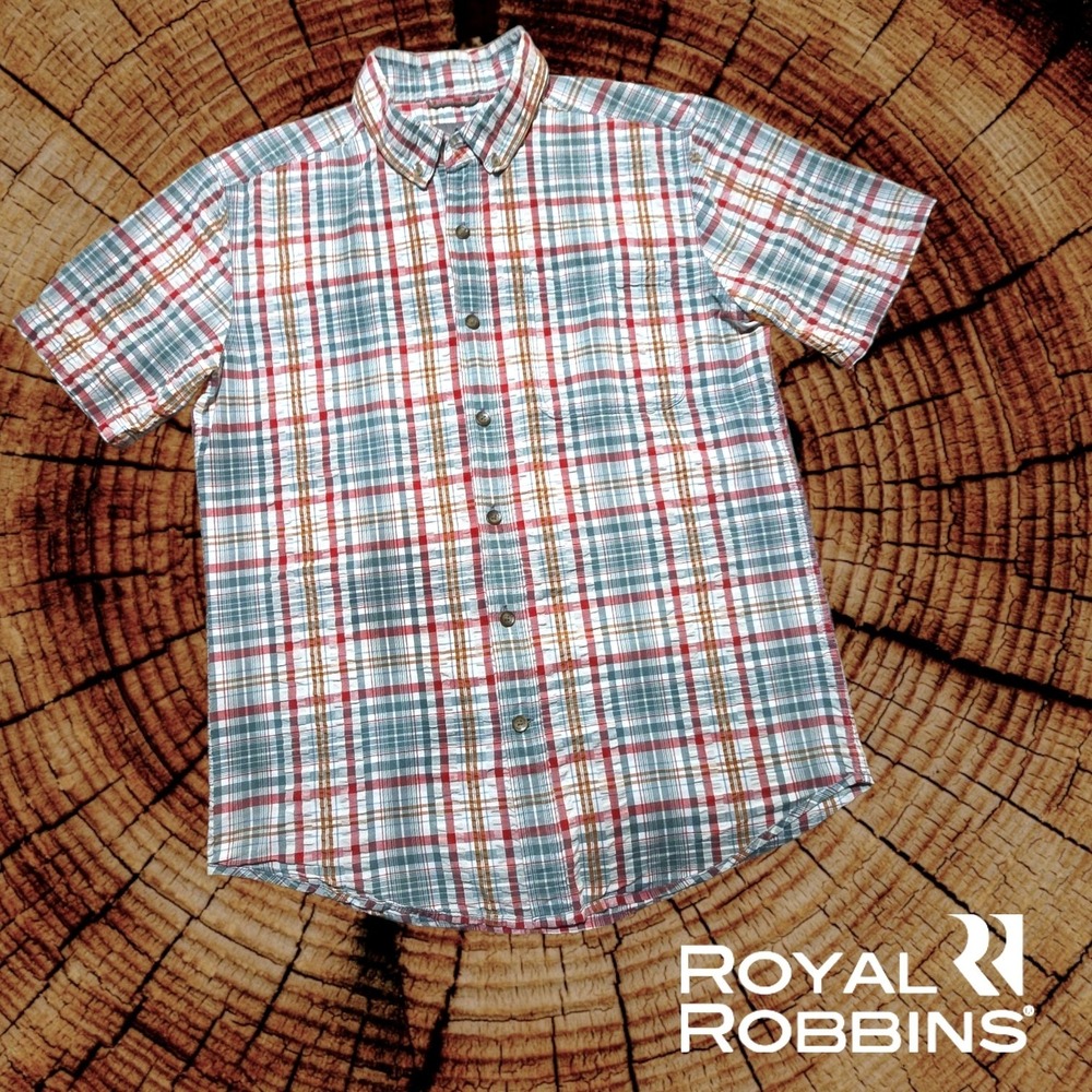 Royal Robbins SS Seersucker Button Down Shirt Teal Rust White & Red Plaid M